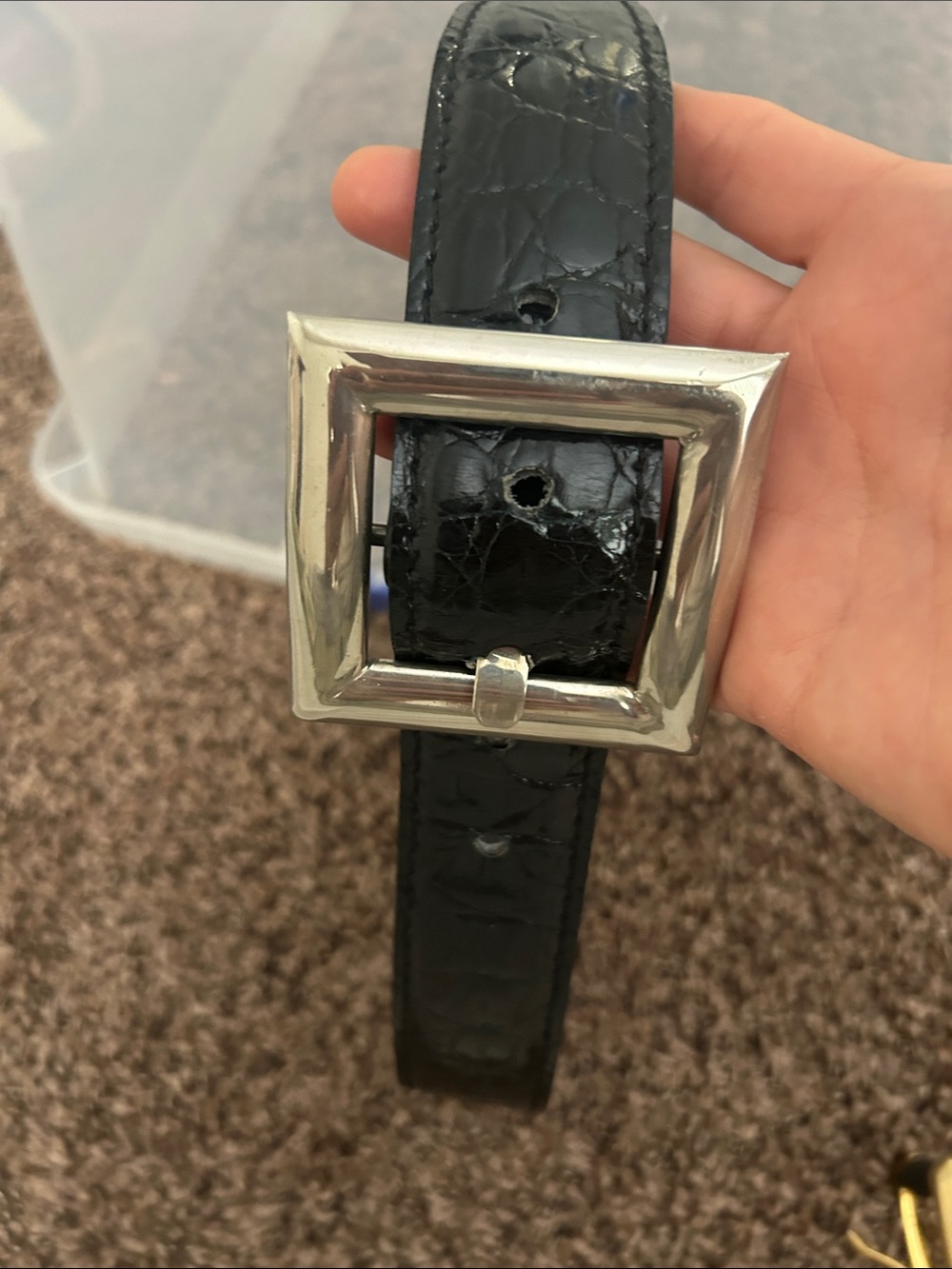 BIJOUX MEDICI Black Croc-Embossed Leather Belt with Square Silver Buckle